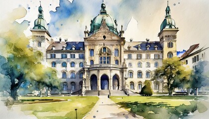 Traditional Building in Switzerland drawn in watercolors - obrazy, fototapety, plakaty