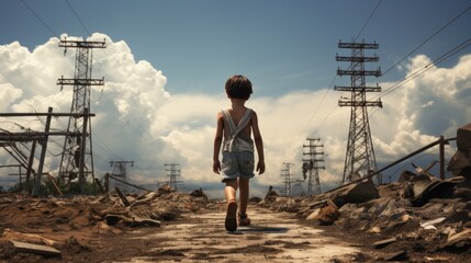 Little child walking in dangerous radioactive area. AI generated image