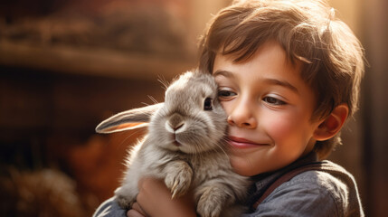 A child hugging a newly adopted rabbit,  radiating happiness