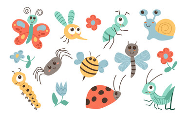  Insect set. Grasshopper, caterpillar, fly, ant, mosquito, bee, spider, butterfly, snail, ladybug, flying insects icons set.Cute cartoon kawaii animal. Flat design. White background. Vector