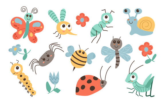  Insect set. Grasshopper, caterpillar, fly, ant, mosquito, bee, spider, butterfly, snail, ladybug, flying insects icons set.Cute cartoon kawaii animal. Flat design. White background. Vector