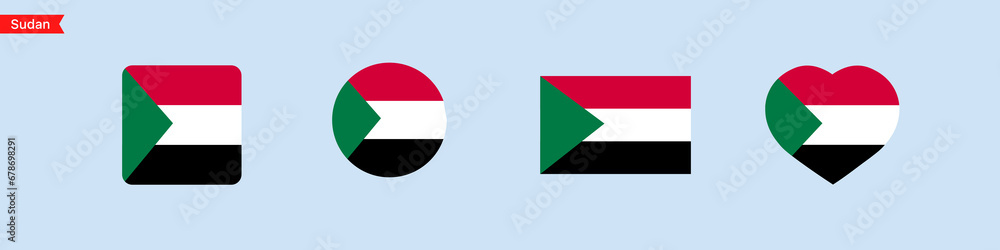 Poster national flag of sudan icons. sudan flag in the shape of a square, circle, heart. website language c