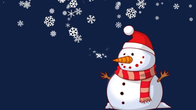 snowman with with falling snow, Christmas bowls and gift, animated illustration for Christmas