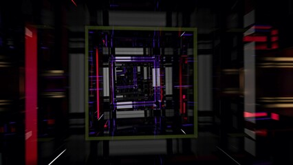 Technological futuristic tunnel.3D generated.Cyberspace. Glass and metal.Blue and red collors 2