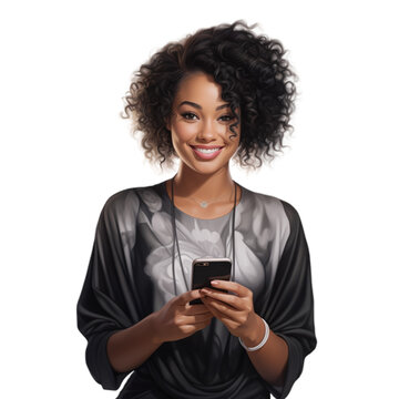 A lovely image of a young black girl holding a phone, set against a clear background in PNG format.