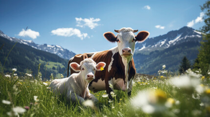 A grazing mother cow with her calf enjoys the sun on an alpine meadow, with picturesque mountains blurring behind it. - obrazy, fototapety, plakaty