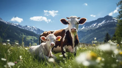 Poster A grazing mother cow with her calf enjoys the sun on an alpine meadow, with picturesque mountains blurring behind it. © Irina