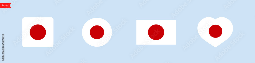 Poster national flag of japan. japan flag icons in the shape of a square, circle, heart. isolated flag symb