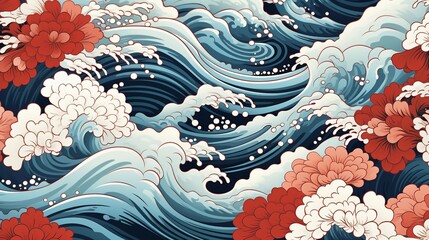 a painting of waves and flowers on a blue background