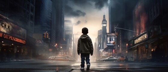 Little boy walking alone on empty street of town. AI generated image