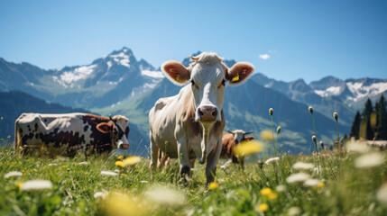 Fototapeta na wymiar Peaceful cow enjoys summer on green pasture in front of majestic mountain panorama.