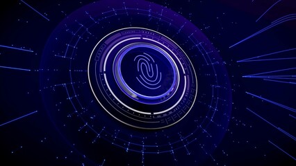 Button hi tech switch fingerprint touch scanner. AI circuit lines loading process digiital HUD UI. 2