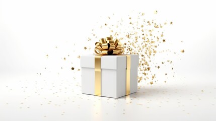 free photos White gift box with gold yellow ribbon and falling gold foil confetti on white background.Generative AI
