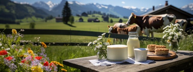 Organic dairy products on a rustic table in the middle of an idyllic Alpine landscape.
