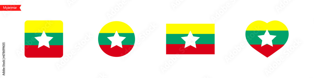 Poster national flag of myanmar. myanmar flag icons for language selection. myanmar flag in the shape of a 