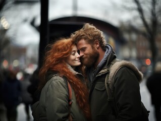 Fototapeta na wymiar Red hair couple kiss, in winter