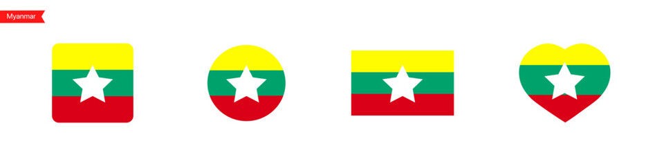 National flag of Myanmar. Myanmar flag icons for language selection. Myanmar flag in the shape of a square, circle, heart. Vector icons