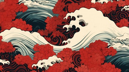 a painting of waves and red flowers on a white background
