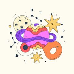 Vibrant vector illustration with abstract patterned planets, stars on light background. Bright galactic. Cartoon space. Playful, surreal, and colorful style. Notebook cover, poster, t-shirt print