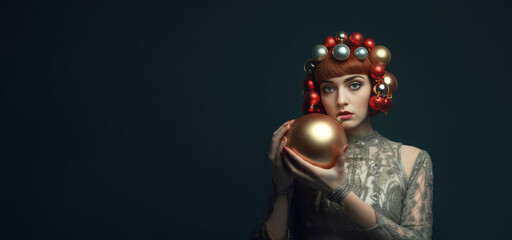 Fototapeta na wymiar Portrait of a young girl in xmas costume with decorative christmas bauble in her hands on dark backround. Holidays concept. AI Generated