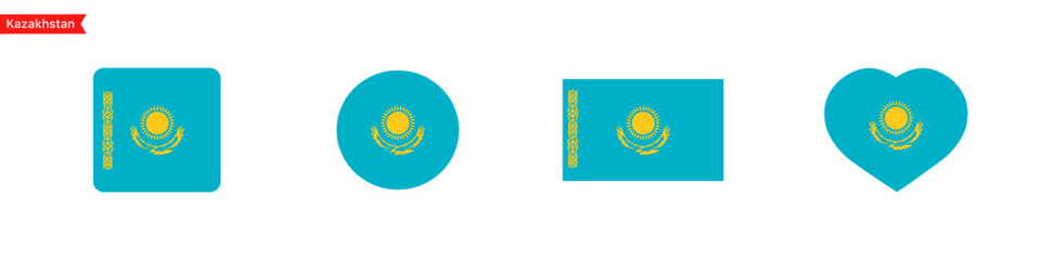 National flag of Kazakhstan. Kazakhstan flag icons in the shape of a square, circle, heart. Isolated flag symbols for language selection. Vector icons