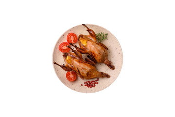 Roasted quail, partridge or pigeon stuffed with orange with spices and herbs