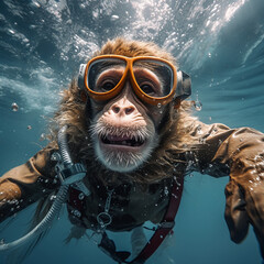 monkey scuba diving in the deep ocean ultrarealistic created with Generative Ai