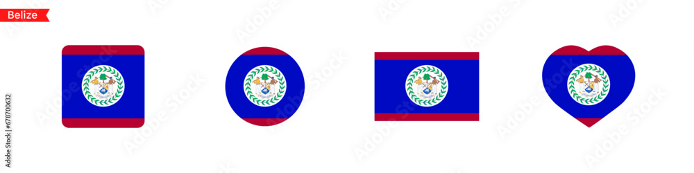 Poster national flag of belize icons. belize flag in the shape of a square, circle, heart. website language