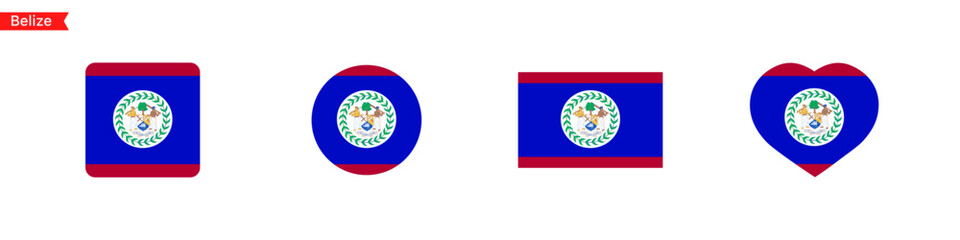 National flag of Belize icons. Belize flag in the shape of a square, circle, heart. Website language choice symbols. Vector UI flag design