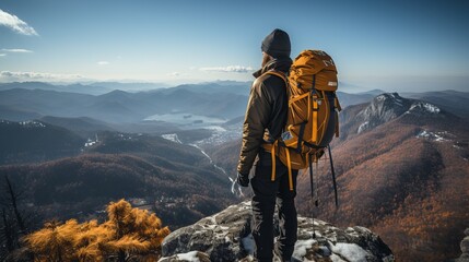 traveler in a yellow and black jacket stands on a rocky ledge with a backpack, a breathtaking landscape of forests and rivers. The mountains recede into the distance under a partly cloudy sky - obrazy, fototapety, plakaty