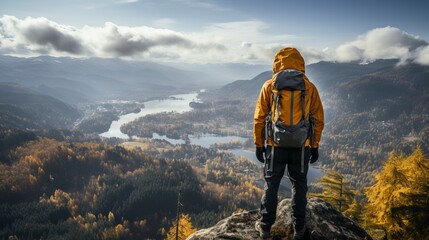 traveler in a yellow and black jacket stands on a rocky ledge with a backpack, a breathtaking landscape of forests and rivers. The mountains recede into the distance under a partly cloudy sky - obrazy, fototapety, plakaty