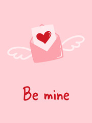 Be mine. Valentine's day greeting card. Hand drawn envelope with wings.