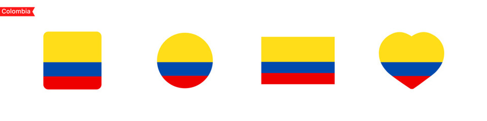 National flag of Colombia. Colombia flag icons for language selection. Flag in the shape of a square, circle, heart. Vector icons
