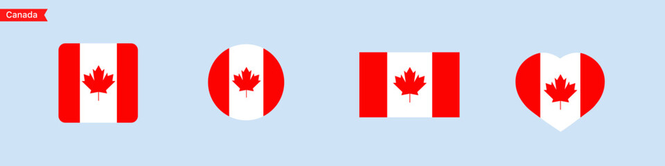 Fototapeta na wymiar National flag of Canada icons. Canada flag in the shape of a square, circle, heart. Website language choice symbols. Vector UI flag design