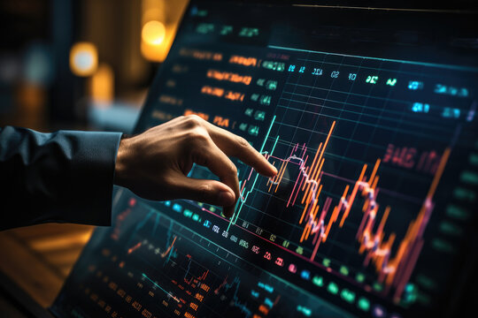 Finger pointing at screen showing stock market charts, Commodities and exchange market charts, Business man at work in investment broker agency.