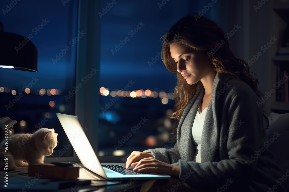 Poster Beautiful woman working from home late at night.