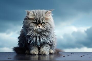 Very angry and wet cat sits on wet flour and clouds behind him