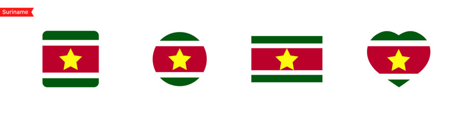 National flag of Suriname. Suriname flag icons for language selection. Flag in the shape of a square, circle, heart. Vector icons
