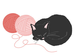 毛糸玉のそばで眠る黒猫