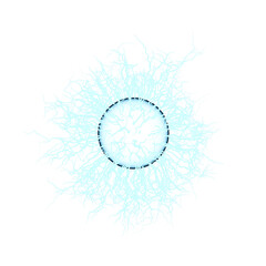 White-blue realistic lightning isolated on transparent background. Natural light effect, bright glowing. Magic thunderstorm, design element.