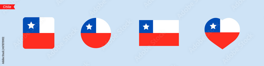 Poster national flag of chile. chile flag icons in the shape of a square, circle, heart. isolated flag symb