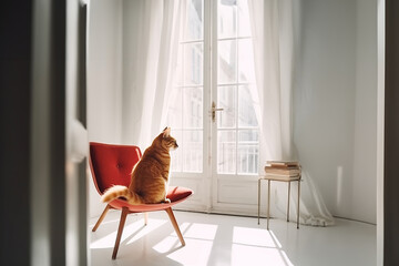 Clean house with domestic cat, how to save soft furniture and fresh air. Generative AI - obrazy, fototapety, plakaty