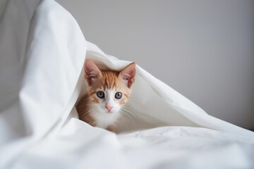 Cute domestic red kitten on a bed under a white blanket in the bedroom. Generative AI