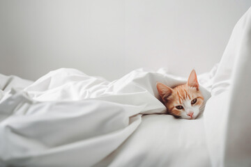 Cute domestic red cat sleeping on a bed under a white blanket in the bedroom. Generative AI