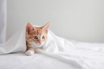 Cute domestic red cat lying on a bed under a white blanket in the bedroom. Generative AI