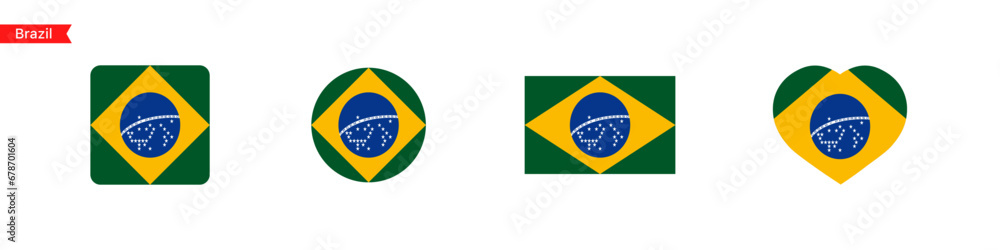 Poster national flag of brazil. brazil flag icons in the shape of a square, circle, heart. isolated flag sy