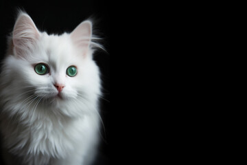White fluffy cat with green eyes sitting on the black background. Generative AI