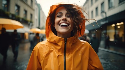 Fototapeta premium Smiling woman standing in the street in orange raincoat.