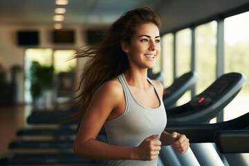 Active young woman jogging on a treadmill in the gym. Fitness, healthy lifestyle, and exercise. 'generative AI'