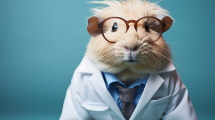 A guinea pig full body with a lab coat and scientist's glasses, isolated on blue background, Generative AI	 - obrazy, fototapety, plakaty